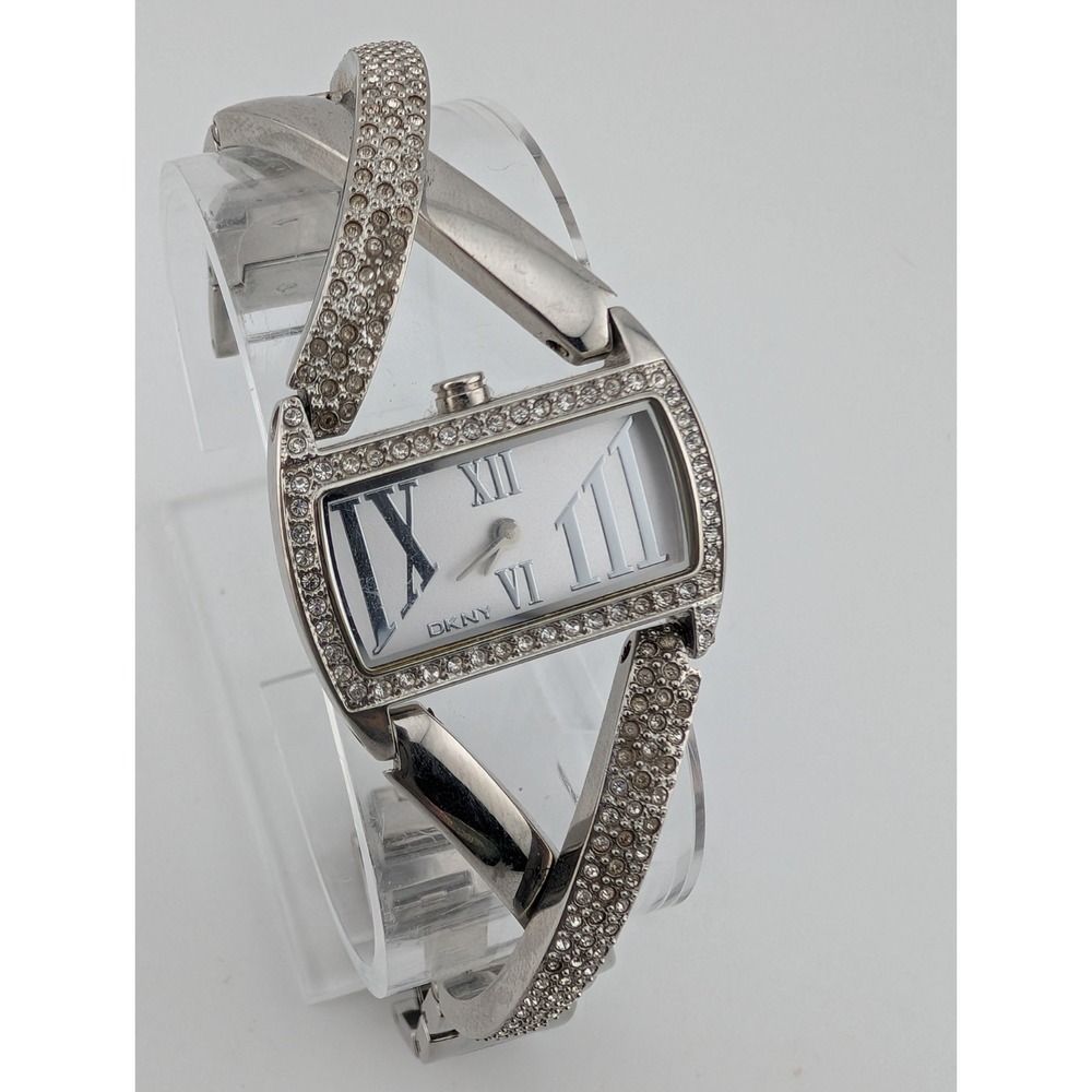 DKNY Pave Crystal Watch Women 28mm Case Silver 6.5" Band- New Battery